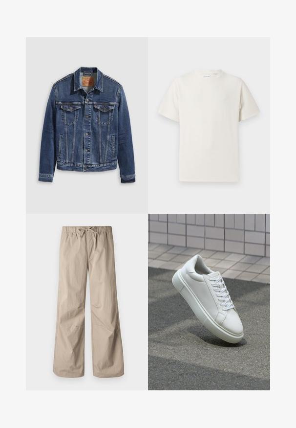 Denim jacket in dark blue with a classic design, featuring metal buttons, two chest pockets, and diagonal seams on the front.; White short-sleeve T-shirt in a ribbed texture. Round neckline, relaxed fit, no visible patterns or accents. Simple and versatile design.; Beige wide-leg pants with an elastic waistband and drawstring. Smooth texture, two side pockets, and minimal seams for a relaxed fit.; White leather sneaker with a smooth surface, round toe, and flat white laces. Features a textured rubber sole and minimal design elements.