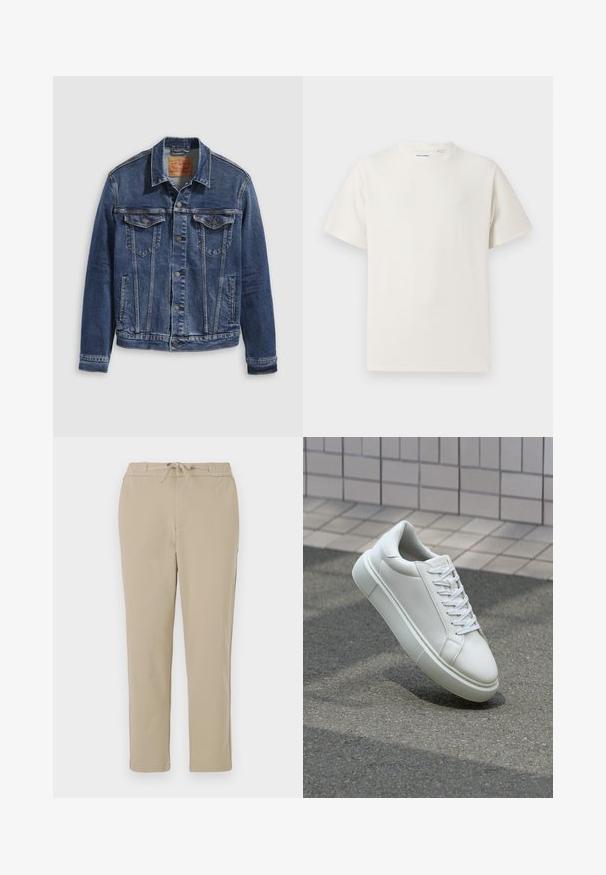 Mørkeblå denimjakke med klassisk design, med metallknapper, to brystlommer og skrå sømmer på forsiden.; Hvit T-skjorte med kort erm i ribbestrikket tekstur. Rund hals, avslappet passform, ingen synlige mønstre eller detaljer. Enkelt og allsidig design.; Beige loungebukser med elastisk linning og snor, med tilbakeholdt design av rett ben og myk, glatt tekstur.; Hvit lær sneaker med glatt overflate, rund tå og flate hvite snøringer. Har en teksturert gummisåle og minimale design elementer.
