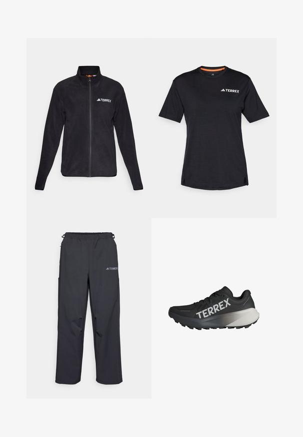 Svart fleecejakke med høy krage og hel glidelås. Har brodert "TERREX"-logo og myk tekstur, egnet for utendørs bruk.; Svart T-skjorte med kort erme og rund hals, med en subtil melert tekstur og hvit "TERREX" logo på øverste venstre side.; Sorte, lette utendørsbukser med elastisk midjebånd, sidelommer og en logo på øvre høyre bein. Glatt, vannavvisende stoff.; Svart løpesko med teksturert overdel, fremtredende "TERREX"-logo i hvitt, avsmalnet såledesign og en gradient grå aksent på hælen.
