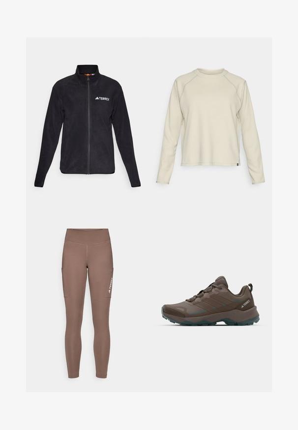 Black fleece jacket with a high collar and full zipper. Features embroidered "TERREX" logo and soft texture, suitable for outdoor use.; Light beige long-sleeve top with a textured, ribbed design. Features raglan sleeves and a rounded neckline. Subtle brand logo at the hem.; Brown athletic leggings with a high waistband, featuring side pockets and a white logo. Smooth, stretchy fabric for comfort and mobility.; Gray and teal hiking shoes with mesh panels, textured upper, and rugged rubber outsole. Features padded tongue and lace-up design.