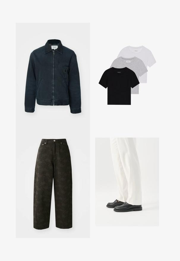 Carhartt WIP DAYTON JACKET - Casaco de verão - black stone; Conjunto de três t-shirts de manga curta nas cores preto, cinza e branco. Feitas em algodão, com gola redonda e um design simples, em cores sólidas.; Calças largas de cor verde escuro apresentam um padrão floral texturizado, design de cinco bolsos e fechos de botão metálico na cintura.; Mocassins de couro preto com uma textura suave, detalhes de costura e bico arredondado, combinados com calças brancas ajustadas.