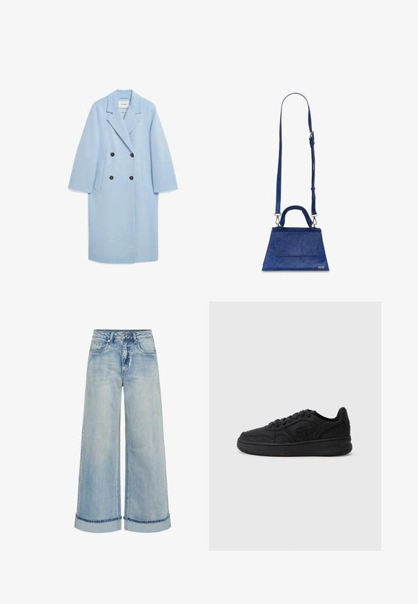 Hellblauem Wollmischungs-Mantel mit doppelreihigem Design, Reverskragen, zwei vorderen Taschen und dunklen Knöpfen, der einen lässigen Schnitt aufweist.; Weißes Baumwoll-T-Shirt mit lockerer Passform; verfügt über grünes "Lacoste"-Logo und Krokodilgrafik im linken Brustbereich.; Hellblaue Denim-Jeans mit weitem Bein und hoher Taille, mit umgeschlagenem Saum, fünf Taschen und kontrastierenden Nähten.; Schwarzer Sportlicher Sneaker mit einer strukturierten Oberfläche und geometrischen Mustern, gepolstertem Kragen und Gummisohle, entworfen für Komfort und Stil.; Blaue Kunstleder-Handtasche mit dreieckiger Form, oberem Griff und verstellbarem Schulterriemen. Sie bietet eine glatte Textur und eine Frontklappe.