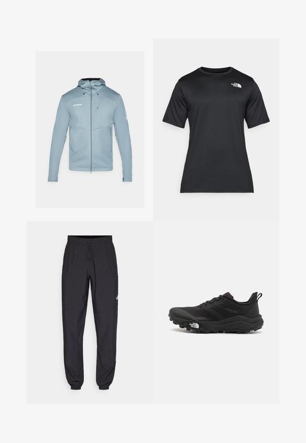 Hele sinine pehme sulejope, millel on kapuuts, lukuga esiosa ja küljetaskud. Omab sobivat disaini ja tekstuurset kangast. Brändi logo on välja toodud.; Must räpaseda must t-särk, mis on valmistatud kerge, niiskust eemal hoidvast kangast. Vasakul rinnal on valge logo ja ümar kaelus.; Mustavad sportlikud püksid, mis on valmistatud kergest kangast, joonlauaga taljest, küljetaskudega ja kitsenevate varrukatega pahkluude juures.; Must tume jooksujalats musta värvi, tekstuurse ülemise osaga, kummist tallaga ja tugevdatud varbaga. Omab pehmendusega krae ja tõmblinti mugavaks selga panemiseks.