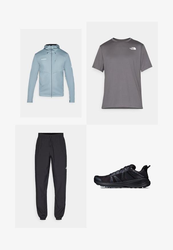 Lichtblauwe softshell jas met capuchon, ritssluiting aan de voorkant en zijzakken. Heeft een getailleerd ontwerp en een gestructureerde stof. Merkenlogo weergegeven.; Grijze sportieve t-shirt met korte mouwen van gladde, lichte stof. Bevat een witte logo op de linkerborst. Rondhals ontwerp.; Zwarte sportieve broek gemaakt van lichtgewicht stof, met een trekkoord in de taille, zijzakken en taps toelopende boorden bij de enkels.; Zwarte trailrunning schoenen met een bovenwerk van mesh en synthetisch materiaal, een gestructureerde buitenzool, een versterkte neus en een opvallend logo aan de zijkant.