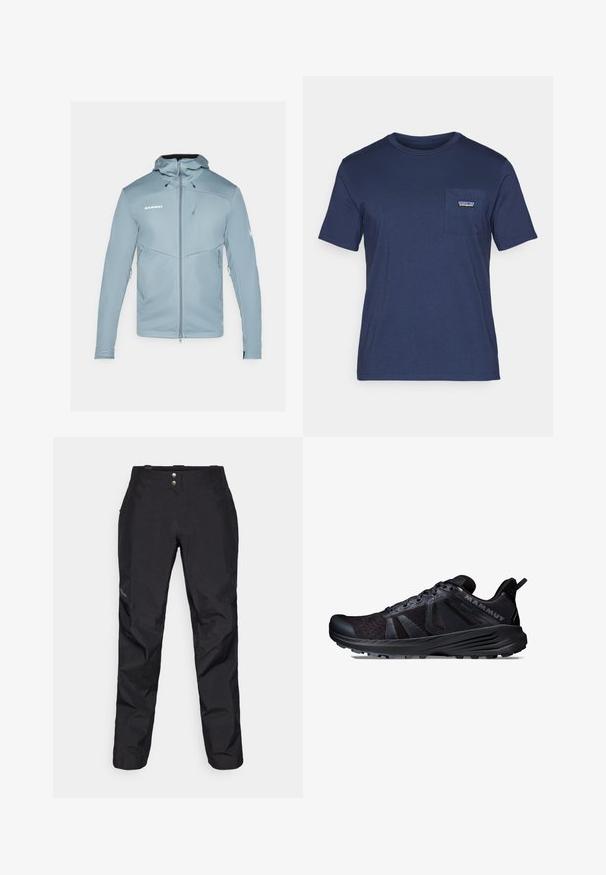 Lys blå softshelljakke med hætte, lynlåslukning foran og sidelommer. Har en tætsiddende design og struktureret stof. Mærkelogoet er vist.; Marineblå bomulds T-shirt med korte ærmer, rund hals og en brystlomme med et lille logo patch. Blød tekstur, klassisk pasform.; Sorte vandtætte bukser med en glat overflade, der har to frontknapper og en tapered ben-design. Beriget med et logo på siden.; Sort trail løbesko med mesh og syntetisk overdel, tekstureret ydersål, forstærket tåkap og fremtrædende logo på siden.