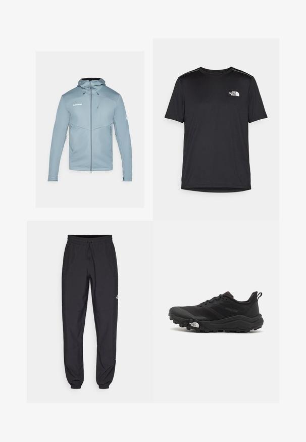 Giacca softshell azzurro chiaro con cappuccio, chiusura con zip frontale e tasche laterali. Presenta un design aderente e un tessuto texture. Logo del marchio visibile.; T-shirt nero a maniche corte realizzata in tessuto leggero. Presenta un piccolo logo bianco sul lato sinistro del petto e delicati dettagli sulle spalle.; Pantaloni sportivi neri realizzati in tessuto leggero, con vita regolabile con cordino, tasche laterali e orli affusolati alle caviglie.; Scarpa da trail running nera con tomaia texture, suola in gomma e punta rinforzata. Presenta un collare imbottito e un tassello per un indossamento facile.