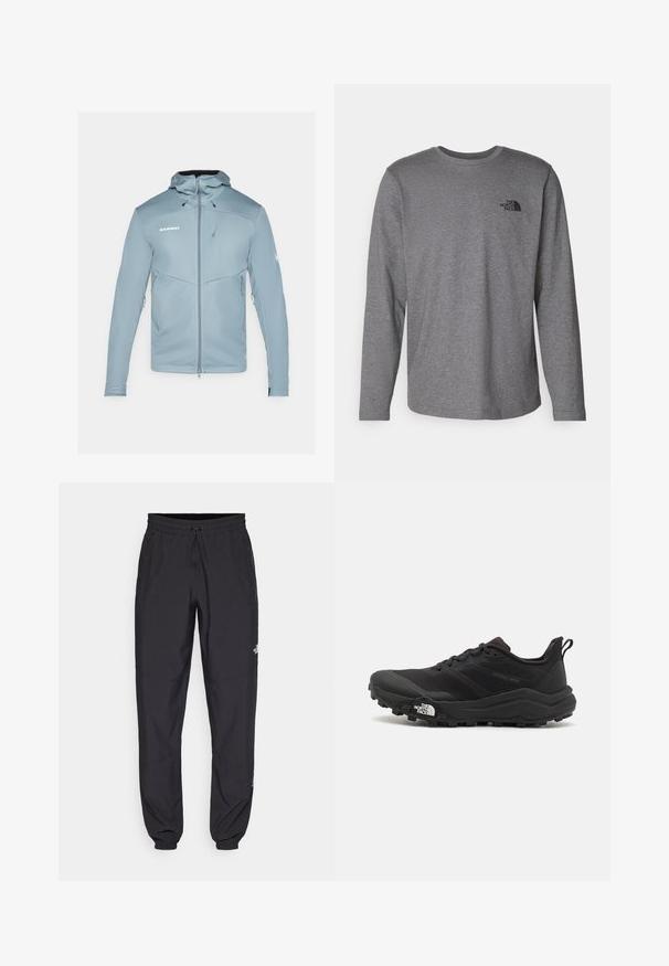 Hellblaue Softshelljacke mit Kapuze, Reißverschluss vorne und seitlichen Taschen. Besitzt ein tailliertes Design und strukturierten Stoff. Markenlogo sichtbar.; The North Face M L/S SIMPLE DOME TEE - Langarmshirt - medium grey heather; Schwarze Sporthosen aus leichtem Stoff, mit einem Kordelzugbund, seitlichen Taschen und schmal zulaufenden Bündchen an den Knöcheln.; Schwarzer Trailrunning-Schuh mit strukturiertem Obermaterial, Gummisohle und verstärkter Zehenkappe. Verfügt über einen gepolsterten Kragen und eine Ziehlasche für einfaches Anziehen.