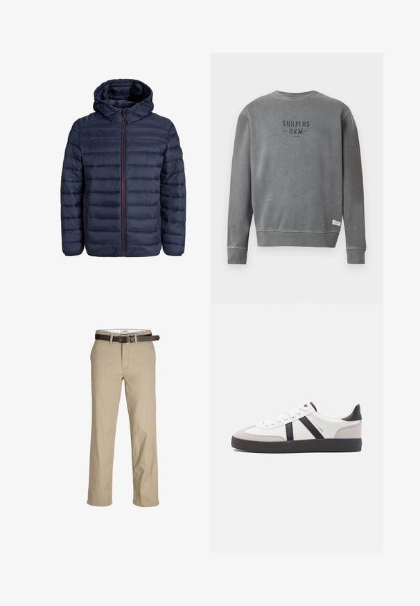 Námornícka modrá prešívaná bunda s horizontálnym šitím, kapucňou a predným zipsom. Má ľahké vycpávky a nastaviteľné šnúry.; Sivé mikina s dlhým rukávom a okrúhlym výstrihom, s textom "SURPLUS DNM" potlačeným čierne na hrudi a malou bielou nálepkou pri leme.; Béžové bavlnené nohavice so strihom rovného strihu, s pútkami na opasok, hnedým koženým opaskom a klasickým dizajnom. Hladká, odolná textura.; Biele tenisky s čiernymi a šedými akcentmi, s textúrovanou šedou špičkou, čiernou gumovou podrážkou a plochými bielymi šnúrkami. Čistý dizajn, minimalistický štýl.