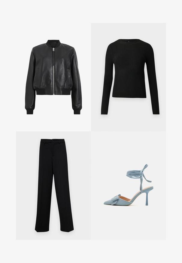 Black leather bomber jacket with a front zipper, ribbed collar and cuffs, featuring two side pockets. Smooth texture and cropped design.; Black ribbed long-sleeve fitted sweater with a round neckline, displayed against a plain light background.; Black wide-leg trousers made of smooth fabric, featuring a classic waistband with a button closure and front pleats.; Pointed-toe high heel shoe in light blue fabric with a textured finish, featuring a bow accent and ankle strap for secure fit.
