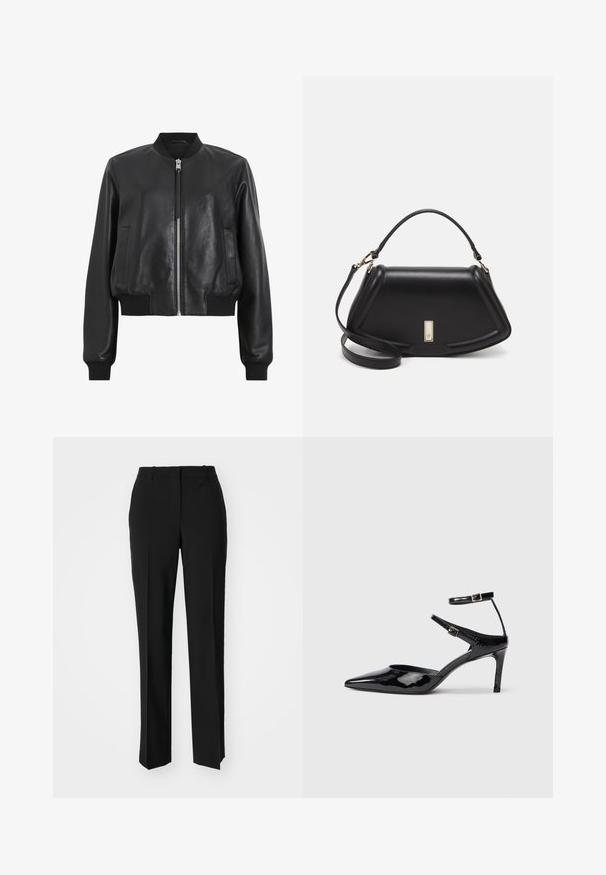 Svart skinnbomberjacka med dragkedja framtill, räfflad krage och muddar, samt två sidofickor. Slät textur och kort design.; Svart bomullströja med rund halsringning, korta ärmar och en broderad logotyp på bröstet. Enkel, avslappnad passform utan mönster.; Svarta skräddarsydda byxor med rak benform, med en slät yta och skarpa veck fram. Ingen synlig hårdvara.; Svarta lackskinnshälar med spetsig tå, justerbara ankelremmar och en smal klack. Slät textur med en glänsande yta.; Svart läderhandväska med en strukturerad design, som har en avskuren form, ett handtag upptill och guldiga detaljer. Justerbar axelrem ingår.