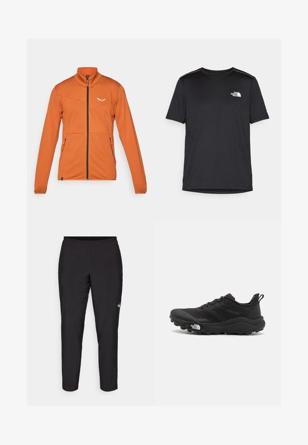 Performance jacket in orange fabric with zip closure, high collar, and two zippered side pockets. Features textured pattern and logo detailing.; Black short-sleeve T-shirt made from lightweight fabric. Features a small white logo on the left chest and subtle shoulder accents.; Black athletic pants with an elastic waistband, tapered shape, smooth texture, and a small white logo on the lower leg.; Black trail running shoe with a textured upper, rubber sole, and reinforced toe cap. Features a padded collar and pull tab for easy wear.