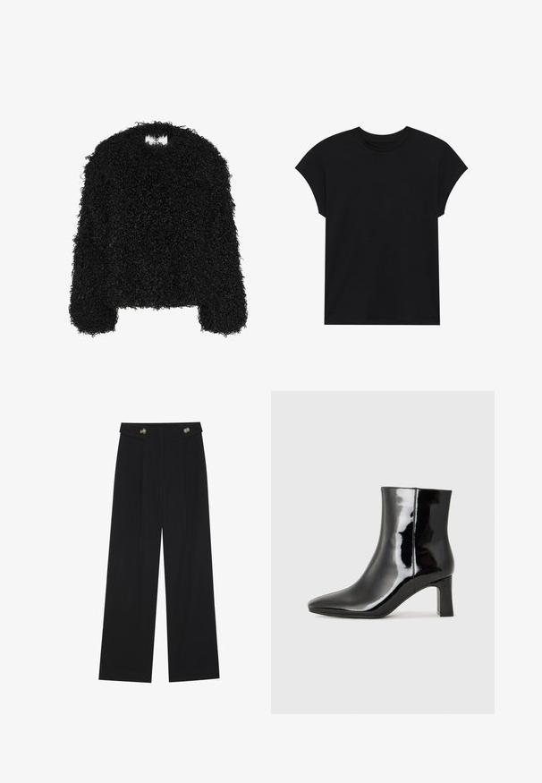 Maglione fuzzy nero realizzato in materiale testurizzato, con scollo rotondo e maniche lunghe a vestibilità rilassata.; T-shirt in cotone nero con scollatura rotonda, maniche corte e vestibilità rilassata. Texture liscia e nessun motivo o decorazione visibile.; Pantaloni neri a gamba larga con vita alta, dettagli con bottoni in vita e pieghe frontali.; Stivaletto in pelle verniciata nera con punta a punta e tacco a blocco di altezza media. Texture liscia e design minimalista.