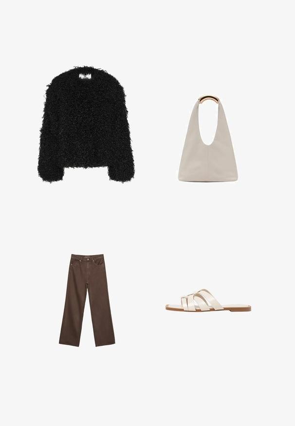 Čierny chlpatý sveter vyrobený z textúrovaného materiálu, s okrúhlym výstrihom a dlhými rukávmi so voľným strihom.; Hnedý skrátený tričko vyrobené z mäkkej bavlny. Má okrúhly výstrih a krátke rukávy. Jednoduchý, voľný strih bez výrazných vzorov alebo akcentov.; Džínsy s širokými nohavicami v hnedej farbe, vyrobené z denimu, so zvýšeným pásom, prednými vreckami a klasickým zapínaním na gombík. Hladká textúra s jemným prešívaním.; Ploché sandále s hnedou gumovou podrážkou, navrhnuté s tromi prekrývajúcimi sa bielymi koženými popruhmi a malou mašličkou uprostred.; Svetlosivá kožená taška s U-tvarom a zakrivenou kovovou rukoväťou. Hladký povrch s minimálnym prešívaním a bez viditeľných vzorov.