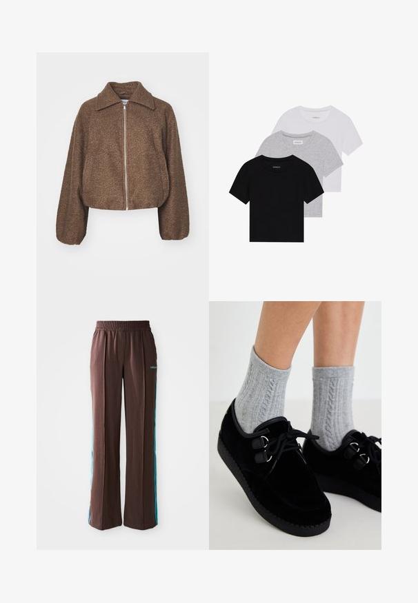 Brun cropped jakke laget av teksturert stoff, med spredt krage og sølvfarget glidelås, brede ermer og en myk finish.; Sett med tre kortermede t-skjorter i svart, grått og hvitt. Laget av bomull, med rund hals og en enkel, ensfarget design.; Brune sporty bukser med ribbet tekstur, elastisk talje og turkise side striber. Har adidas-logoet på forsiden.; Sorte fløyelsko med flate såler, rund tå og doble snøringer. Brukt med grå kabelstrikkede sokker. Glatt tekstur og enkelt design.