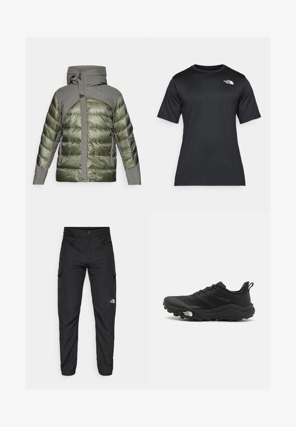 Green puffy jacket with a hood, featuring a mix of shiny and textured fabric, zip closure, and a logo on the chest area.; Black short-sleeve t-shirt made of lightweight, moisture-wicking fabric. Features a white logo on the left chest and a crew neckline.; The North Face HORIZON PANT - Outdoor trousers - black; Black trail running shoe with a textured upper, rubber sole, and reinforced toe cap. Features a padded collar and pull tab for easy wear.