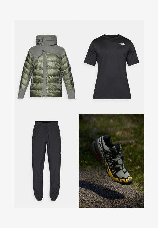 Zelená nadýchaná bunda s kapucňou, ktorá kombinuje lesklú a štruktúrovanú tkaninu, so zipsom a logom v oblasti hrudníka.; Čierne tričko s krátkym rukávom vyrobené z ľahkej, vlhkosť odvádzajúcej tkaniny. Má biele logo na ľavej strane hrudníka a okrúhly výstrih.; Čierne športové nohavice vyrobené z ľahkej tkaniny, s elastickým pásom na šnurovanie, bočnými vreckami a zúženými manžetami na členkoch.; Trailová bežecká obuv Salomon v tlmenej sivej farbe s jasne žltými akcentmi. Obsahuje textúrovanú podrážku, bezpečný systém šnurovania a polstrovaný golier.