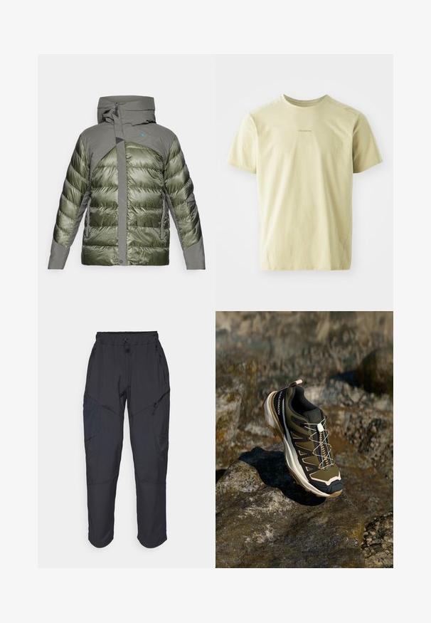 Žalias pūkuotas džemperis su gobtuvu, pagamintas iš blizgaus ir tekstūrinio audinio, užsegamas užtrauktuku, su logotipo emblemomis krūtinės srityje.; Salomon TRACKLINE TEE - Sportiniai marškinėliai trumpomis rankovėmis - gray green; Juodos krovinių kelnės, pagamintos iš lengvos, vandeniui atsparios medžiagos; turi elastingą juosmenį, kelis užtrauktukais uždaromus kišenes ir siaurėjančius šonus.; Žygio batai olivų žalios ir juodos spalvos su rožiniais akcentais. Turi tekstūruotą viršutinę dalį, lankstų pado tipą, sustiprintą pirštų dalį ir spalvingą raištelių sistemą.