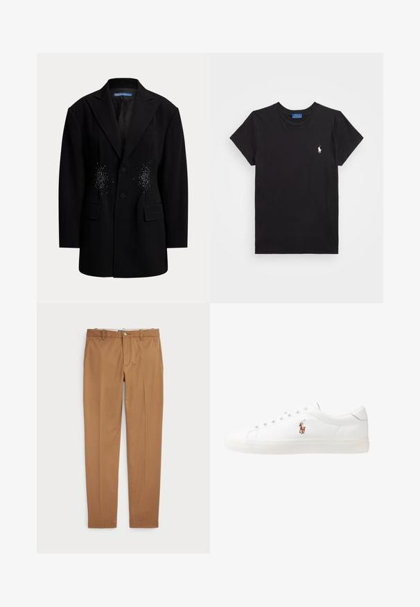 Black blazer featuring a tailored design, notch lapels, two front pockets, and beaded embellishments on the chest area.; Black cotton t-shirt with a crew neckline, short sleeves, and a white embroidered logo on the left chest. Smooth texture, casual design.; Brown cotton trousers with a slim-fit design, flat front, and standard pockets; smooth texture and hemmed cuffs.; White leather sneakers, low-top design, featuring a smooth texture, round toe, laced front, and a small embroidered logo on the side.