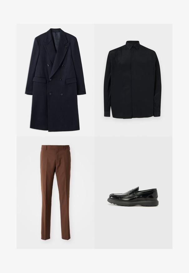 Dvojvratni mornarski plašč z zareznim ovratnikom, izdelan iz materiala, podoben volni. Ima črne gumbe in sprednje žepe. Minimalističen dizajn.; Črna dolgoseda majica iz gladkega blaga, s klasičnim ovratnikom, zapenjanjem z gumbi in udobnim krojem s prirezanimi rokavi.; Rjave, krojene hlače z ravnim sprednjim delom, ravnimi nogami, gladko teksturo in zankami za pas. Brez vidnih vzorcev ali kovinskih podrobnosti.; Črne usnjene loafer čevlje z sijajno obdelavo, okroglo špico, subtilnimi šivi in debelim gumijastim podplatom za trajnost.