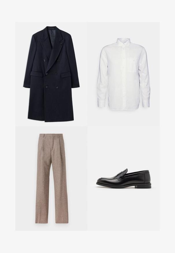 Kaksikordne mereväe sinine jakk sakilise kraega, valmistatud villase sarnase materjali. Mustad nööbid ja eesmine taskud. Minimalistlik disain.; Pikkade varrukatega valge puuvillane särk, millel on nööbitav krae, eesmine tasku ja tavaline lõike. Tekstureeritud kangas, mille pind on sile.; Prunnid, kõrge vöökohaga püksid, mis on valmistatud tekstureeritud kangast. Omavad laiu jalgu ja kahte eesmist voldikut struktuuri jaoks. Korralik viimistlus, ilma nähtava riistvarata.; Mustad mustad nahast loafers sileda tekstuuriga, ümarat ninaosa ja dekoratiivne riba vampi üle. Madal kihiline konts, minimalistlik disain.