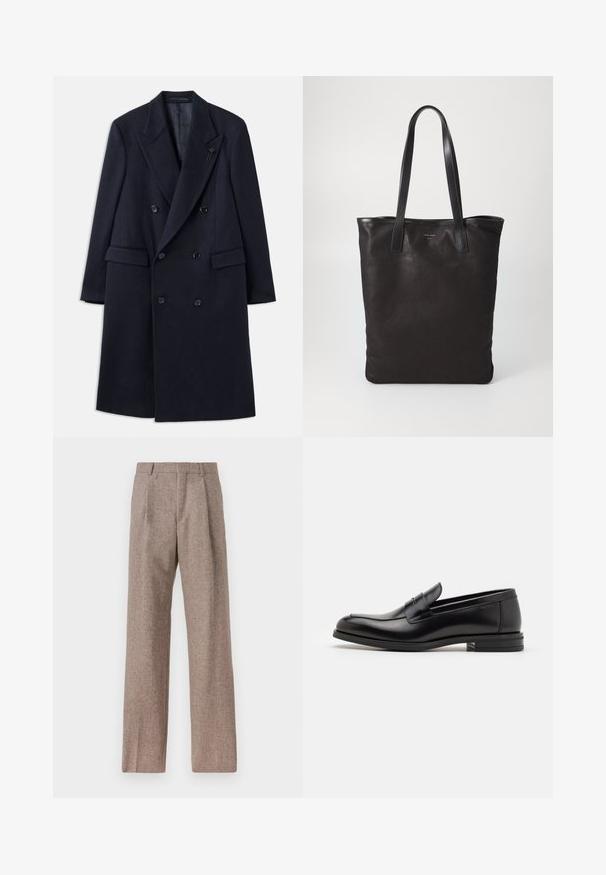 Dvojvratni mornarski plašč z zareznim ovratnikom, izdelan iz materiala, podoben volni. Ima črne gumbe in sprednje žepe. Minimalističen dizajn.; Bela srajca z dolgimi rokavi iz bombaža, z znižanimi ovratnikom, sprednjim žepom in običajnim krojem. Teksturirana tkanina s gladko površino.; Rjave hlače z visokim pasom, izdelane iz teksturirane tkanine. Imajo široke noge in dve sprednji pregibi za strukturo. Urejen zaključek brez vidne strojne opreme.; Črne usnjene loafer čevlje z gladko teksturo, zaobljenim nosom in dekorativnim trakom čez zgornji del. Nizka zložena peta, minimalističen dizajn.; Črna platnena torba s črnimi usnjenimi ročaji. Preprost dizajn, prostorna notranjost in gladka tekstura. Brez vidnih logotipov ali vzorcev.