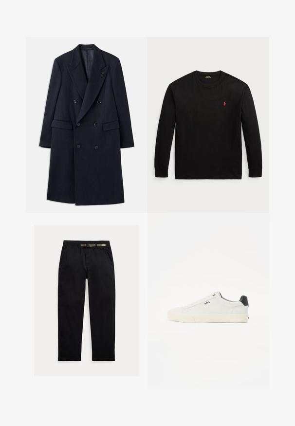 Double-breasted navy coat with a notched collar, made from a wool-like material. Features black buttons and front pockets. Minimalist design.; Black long-sleeve t-shirt made of cotton. Features a crew neck, ribbed cuffs, and a small red embroidered logo on the chest. Smooth texture.; Black pants made of lightweight fabric, featuring an elastic waistband with an integrated green belt, straight-leg cut, and side pockets.; White leather sneaker with a textured finish, featuring a black heel cap, round toe, and branded side logo in black. Lightweight rubber sole.