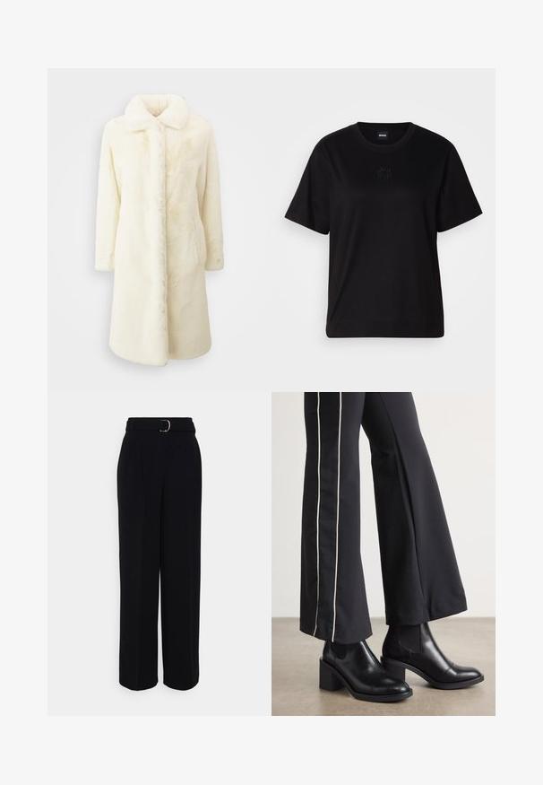 Witte nep bontjas met een zachte textuur, lange mouwen en een kraag. Heeft voorzakken en een rechte silhouet.; Zwarte katoenen t-shirt met een ronde hals, korte mouwen en een geborduurd logo op de borst. Eenvoudige, comfortabele pasvorm zonder patronen.; Zwarte op maat gemaakte broek met een wijde pijpen-silhouet, voorzien van een riem met een zilveren gesp, plooien en een gladde stofstructuur.; Zwarte leren enkellaarzen met een blokhak, voorzien van elastische zijpanelen. Gecombineerd met zwarte broeken met een witte zijstreep.