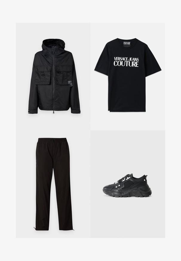Casaco preto com fecho zip e capuz, apresentando dois bolsos frontais no peito, um etiqueta no bolso esquerdo e uma textura suave e brilhante.; T-shirt de algodão preta com mangas curtas, apresentando um grande texto branco "VERSACE JEANS COUTURE" na frente. Design clássico de gola redonda.; Calças leves pretas com cintura elástica, fecho por cordão ajustável e bainhas com fecho de correr para ajuste. Textura suave e elegante.; Sapatilha atlética preta com um painel de malha texturizada, sola de borracha espessa, detalhes em contraste e fecho de atacadores. Apresenta uma alça na parte traseira.