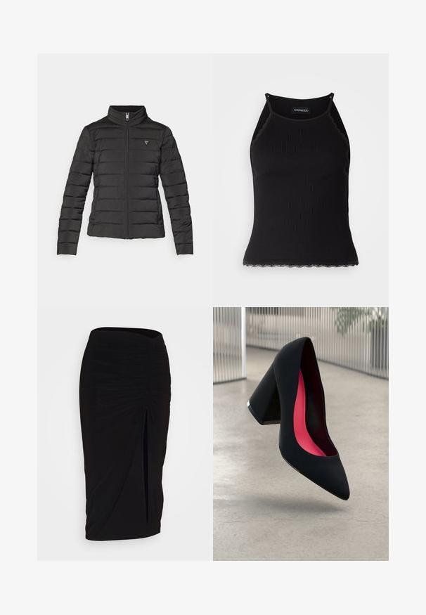 Černá péřová bunda s vysokým límcem, zipovým uzávěrem, horizontálním prošíváním a malou nášivkou loga na levé části hrudníku.; Černý žebrovaný top na ramínka s krajkovým lemem na spodním okraji. Obsahuje tenké ramínka a přiléhavý střih. Vyrobeno z elastické látky.; Černá, řasená tužková sukně s detailem na zavazování a bočním rozparkem. Vyrobena z elastického materiálu s hladkou texturou a přiléhavým střihem.; Černá vysoká podpatková bota s špičatou špičkou, texturovaným povrchem a živým růžovým interiérem. Obsahuje masivní podpatek se stříbrným akcentem.