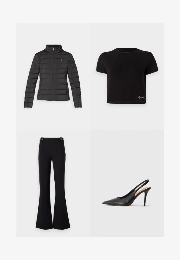 Svart puffjakke med stående krage, glidelås, horisontale sømmer og et lite logo-patch på venstre brystsone.; Svart, kortermet T-skjorte laget av bomull. Har rund halslinning og en liten sølvfarget "Guess"-logo nederst til venstre.; Sorte flared bukser lavet af strækbart materiale. Har to guldtonede knapper i taljen. Glat tekstur og tætsiddende over hoften.; Svart lær slingback høye hæler med spiss tå, glatt tekstur og en delikat stropp med en metallisk spenne.
