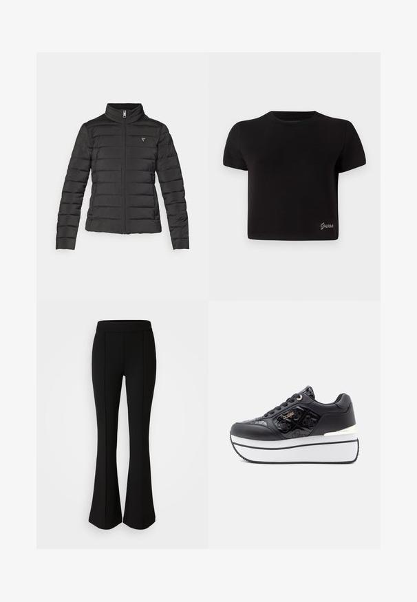 Czarna kurtka puchowa z stójką, zapięciem na zamek, poziomymi przeszyciami i małą naszywką z logo na lewej piersi.; Czarna, krótko rękawowa koszulka z bawełny. Posiada okrągły dekolt i małe srebrne logo "Guess" na dolnym lewym rogu.; Czarne spodnie dzwony z elastycznego materiału o gładkiej strukturze, z detalami szwów z przodu dla dodatkowego stylu.; Czarne trampki na platformie o błyszczącej powierzchni, wytłaczanym wzorze czaszki, z akcentami ze srebrnego metalu i białą gumową podeszwą.