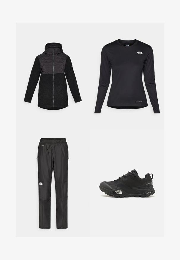 Giacca nera con cappuccio, pannello anteriore trapuntato, zip frontale, corpo e maniche in pile testurizzato, e una piccola tasca sul braccio sinistro.; The North Face SHADOW LONG SLEEVE - Maglietta a manica lunga - black; Pantaloni impermeabili neri realizzati in tessuto leggero, dotati di cintura elastica, tasche laterali e un logo sulla gamba sinistra.; Scarpa da trekking nera con una tomaia texturizzata, chiusura con lacci e una suola di gomma spessa che presenta un logo prominente sul lato e disegni del battistrada.