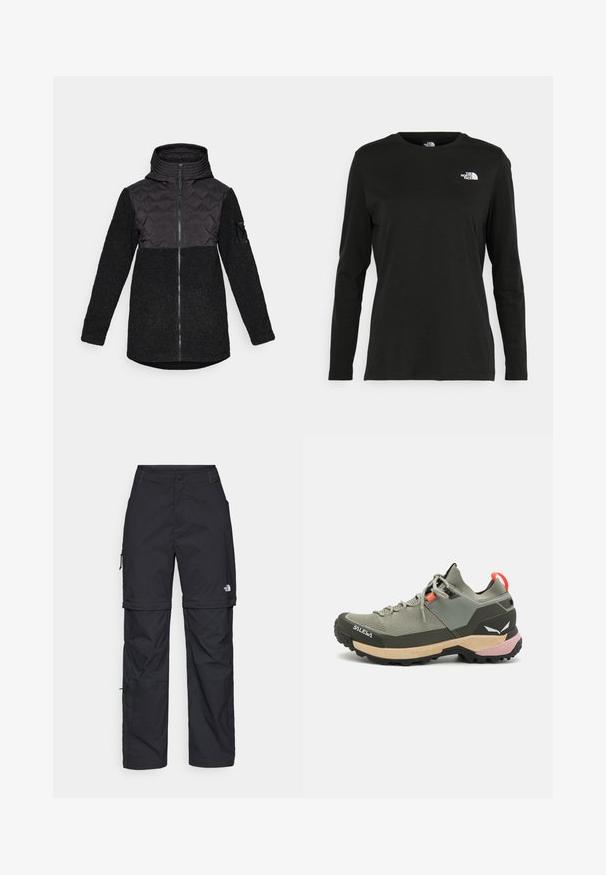 Giacca nera con cappuccio, pannello anteriore trapuntato, zip frontale, corpo e maniche in pile testurizzato, e una piccola tasca sul braccio sinistro.; T-shirt nera a maniche lunghe in cotone con colletto rotondo. Presenta un piccolo logo bianco sul lato sinistro del petto. Design semplice e vestibilità comoda.; Pantaloni cargo in nylon nero con zip rimovibile, polsini regolabili, molteplici tasche e un logo sulla gamba destra. Tessuto liscio e leggero.; Scarpa da trekking leggera verde con materiali in rete e gomma, suola antiscivolo nera, accenti rosa e arancioni e punta rinforzata.