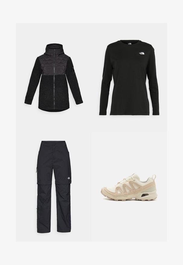 Svart hettegenser med kviltet brystpanel, glidelås foran, strukturert fleece-kropp og ermer, og en liten lomme på venstre arm.; Svart langermet T-skjorte laget av bomull med rund hals. Har en liten hvit logo på venstre brystområde. Enkelt design og passform.; Svarte nylon cargo-bukser med glidelås og justerbare mansjetter, flere lommer og en logo på høyre bein. Glatt, lett tekstur.; Beige og krem joggesko med teksturert mesh-overdel, støttende overlegg og gummisåle med et mønster for godt grep.