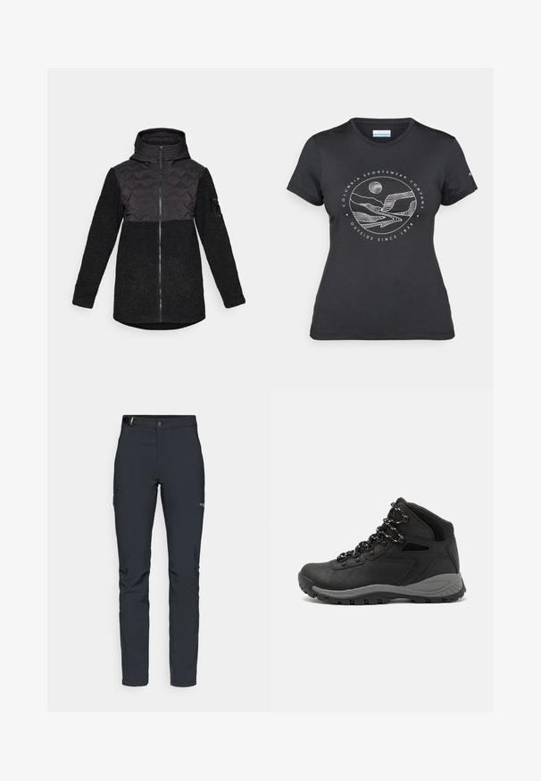 Zwarte hooded jacket met een gewatteerd borstpaneel, rits aan de voorkant, een textuur fleece body en mouwen, en een klein zakje op de linkerbovenarm.; Zwarte Columbia t-shirt met witte cirkelvormige lijntekening van bergen en een rivier en de tekst "Columbia Sportswear Company Outside Since 1938."; Heren buitenbroeken, donkergrijs, gemaakt van flexibel materiaal, met een riem, ritszakken en verstevigde stiksels.; Zwarte wandelschoen met een mid-top ontwerp, voorzien van een gestructureerde bovenkant, grijze accenten en een duurzame rubberen zool met gripnoppen.