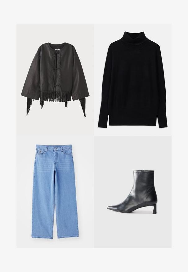 Black leather cropped jacket with wide sleeves, featuring a front lace-up closure and fringe detailing along the hem and sleeves.; Black turtleneck sweater made of soft fabric, featuring ribbed accents at the collar and cuffs, with a relaxed fit and side slits.; Light blue wide-leg jeans made of denim, featuring a classic five-pocket design and a button-fly closure. Smooth texture, frayed hem.; Black leather ankle boot with a pointed toe and a sleek design. Features a low heel and a zipper closure at the back. Smooth texture.