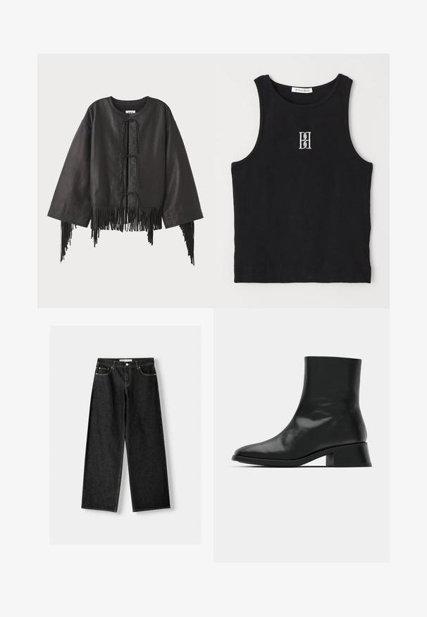 Musta nahkainen lyhyt takki, jossa on leveät hihat, edessä nyöri suljenta ja frilliyksityiskohtia helman ja hihojen reunassa.; Musta ribbed-t-paita, jossa on pyöreä kaula-auko ja valkoisella brodeerattu logo. Kangas on sileä ja muoto on tiivis.; Musta denimi leveälahkeiset farkut, joissa on viisi taskua, metallinappi ja vetoketju, sekä erottuva keltainen ommel saumoissa.; Mustan nilkkuri kiiltävästä nahasta, jossa on tyylikäs muotoilu, terävä kärki ja kohtalaisen tukevat korkeat korot vakautta varten.