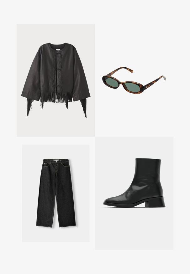Fekete bőr rövidített dzseki széles ujjal, elől fűzős záródással és frufru részletekkel az alján és az ujjakon.; Fekete bordás trikó kerek nyakkivágással és fehér hímzett logóval. Az anyag sima tapintású, testhezálló formával.; Fekete farmer széles szárú nadrág, öt zsebbel, fémből készült gombbal és cipzárral, valamint kontrasztos sárga varrással az illesztéseknél.; Fekete bokacsizma fényes bőrből, karcsú dizájnnal, hegyes orral és mérsékelt tömbsarkal a stabilitás érdekében.; Tortojásmintás napszemüveg ovális kerettel és zöld lencsékkel. Vékony szárakkal rendelkezik, fémes kiegészítővel a csuklók közelében.