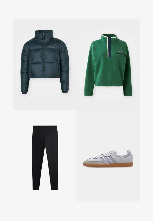 Tmavo zelená skrátená pérová bunda s vysokým golierom, plným zipsom a elastickými manžetami. Obsahuje logo na ľavom prsnom vrecku a prešívanú textúru.; Zelený fleecový pulóver s vysokým golierom, námorníckou prednou légou s gombíkmi a zipsovou vrecko. Obsahuje jemnú textúru a kontrastné smotanové lemovanie.; Čierne legíny vyrobené z hladkej, elastickej tkaniny. Majú široký pás a zoštíhlený strih nohavíc, vhodné na aktívne alebo príležitostné nosenie.; Biele kožené tenisky s svetlomodrými akcentmi, sivým semišovým špičkou a hnedou gumovou podrážkou. Obsahujú tri modré pruhy a branding "Samba".