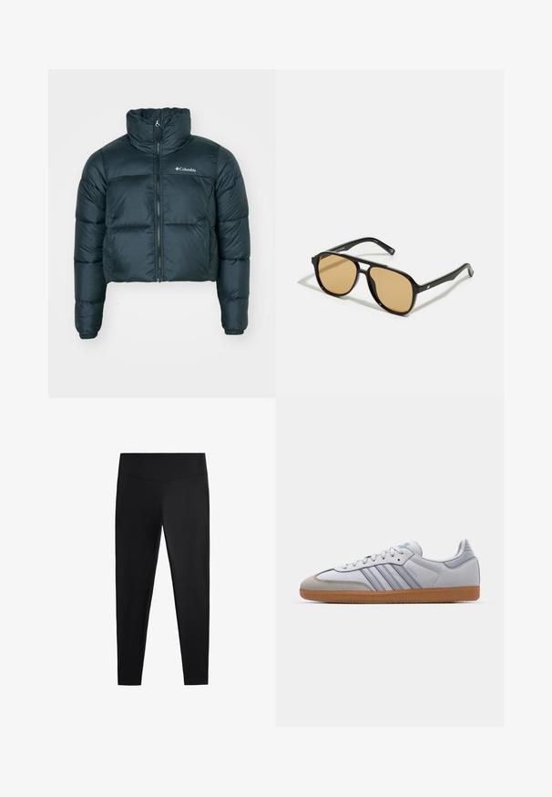 Tmavo zelená skrátená pérová bunda s vysokým golierom, plným zipsom a elastickými manžetami. Obsahuje logo na ľavom prsnom vrecku a prešívanú textúru.; Zelený fleecový pulóver s vysokým golierom, námorníckou prednou légou s gombíkmi a zipsovou vrecko. Obsahuje jemnú textúru a kontrastné smotanové lemovanie.; Čierne legíny vyrobené z hladkej, elastickej tkaniny. Majú široký pás a zoštíhlený strih nohavíc, vhodné na aktívne alebo príležitostné nosenie.; Biele kožené tenisky s svetlomodrými akcentmi, sivým semišovým špičkou a hnedou gumovou podrážkou. Obsahujú tri modré pruhy a branding "Samba".; Čierne slnečné okuliare s hnedými farebnými šošovkami; obdĺžnikový tvar s hrubým rámom, vrátane jemných kovových akcentov na stranách.