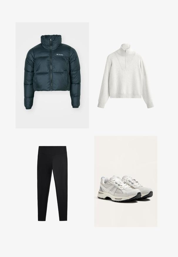 Sötétzöld, rövidített puffernadrág magas gallérral, teljes cipzárral és elasztikus mandzsettával. Bal mellen található egy logó, valamint steppelt textúrával rendelkezik.; Világosszürke pulóver magas gallérral, félig cipzárral és bordázott textúrával. Dobozos fazon, eső vállakkal és strukturált kialakítással.; Fekete leggings sima, rugalmas anyagból. Széles derékpánt és szűkülő lábzárás jellemzi, alkalmas aktív vagy laza viseletre.; Könnyű futócipők fehér és szürke színben, hálós és velúr anyagokkal, fűzős záródással, párnázott talppal és texturált fekete talppal.