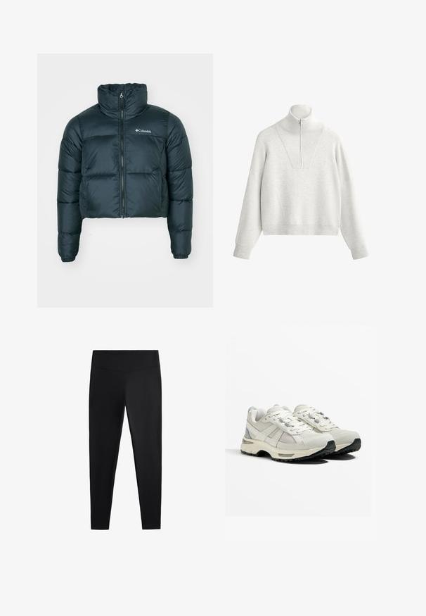 Mørkegrøn, cropped pufferjakke med høj krave, fuld lynlås og elastiske manchetter. Har et logo på venstre bryst og quiltet struktur.; Lys grå sweatshirt med høj krave, udstyret med en halv-zip og ribbet tekstur. Boxy skæring med drop-skuldrer og en struktureret design.; Sorte leggings lavet af glat, strækbart stof. Har en bred talje og en tapered ben-design, velegnet til aktiv eller afslappet brug.; Lette løbesko i beige og grå. Mesh-overdel, gummisål, snørebånd med forstærkede øjetter og en struktureret hælkant.