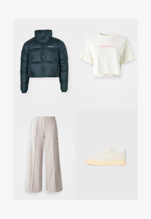 Tume roheline lühike puhv jacket kõrge kraega, täispikk tõmblukk ja elastsed mansetid. Omab logo vasakul rindkerel ja tikitud tekstuuri.; Lühendatud, kreemjas värvi t-särk, mis on valmistatud puuvillast. Omab roosa tikandiga logot, millel on kiri "Nike Sportwear". Lühikesed varrukad ja ümmargune kaelus.; Heledad hallide püksid, mis on valmistatud siledast kangast. Omab elastset vöökohta ja musta Nike logo vasakul küljel.; Valged tennised tekstuuriga pealmise osaga, ümmarguse ninaga ja kollaka kummitaldaga. Omab diskreetset logo ja paeltega sulgemist.