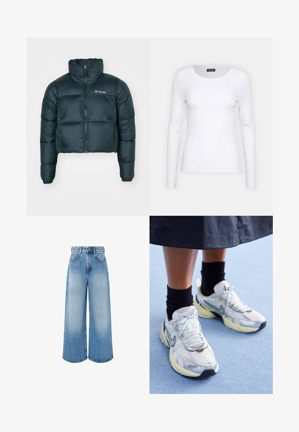 Tmavo zelená skrátená pérová bunda s vysokým golierom, plným zipsom a elastickými manžetami. Obsahuje logo na ľavom prsnom vrecku a prešívanú textúru.; Biely rebrovaný top s dlhým rukávom a okrúhlym výstrihom. Vyrobený z pružného materiálu, ktorý obopína telo. Obsahuje jemné horizontálne pruhy.; Svetlomodré nohavice s širokými nohavicami vyrobené z denimu, s vysokým pásom, zapínaním na gombík a jemným prešúchaním s čistými okrajmi nohavíc.; Biele a strieborné Nike tenisky s mrežovou textíliou, reflexnými akcentmi a béžovou podrážkou. Nosené s čiernymi ponožkami, stojace na modrom povrchu.