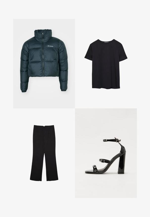 Tummanvihreä, lyhyeksi napsautettu untuvatakki, jossa on korkea kaulus, täysi vetoketju ja joustavat hihansuut. Sisältää logon vasemmassa rinnassa ja tikatun pinnan.; Yksinkertainen lyhythihainen musta puuvillapaidan t-paita, jossa on pyöreä kaula-aukko, esitetty valkoisella taustalla.; Mustat housut suoralinjaisella leikkauksella, joissa on etutaskut ja sivurei'ät helman alla. Valmistettu pehmeästä ja sileästä kankaasta. Sopii eri tilaisuuksiin.; Musta kiiltävä korkokenkä sandaalit neliönmuotoisella varpaalla, nilkkaremmillä ja hopeisilla soljilla. Varustettu tukevalla lohkokorkealla vakauden takaamiseksi.