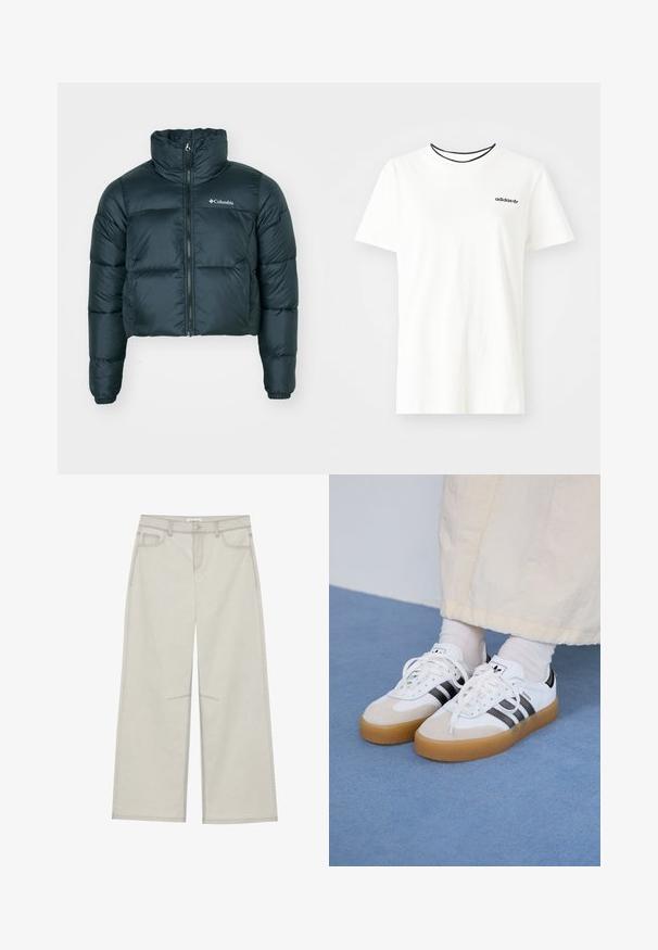 Tume roheline lühike puhv jacket kõrge kraega, täispikk tõmblukk ja elastsed mansetid. Omab logo vasakul rindkerel ja tikitud tekstuuri.; Valge puuvillasest t-särgist lühikeste varrukatega ja ümarate kaelustega. Rinnal on must Adidas'i logo ning kontrastne must sisekaelus.; Heledad hall-gajused püksid, viie taskuga, ette nööpidega kinnitamine ja kontrastne õmblus. Kangas paistab pehme ja vastupidav.; Valged tossud mustade triipudega ja beeži nahaga aktsentidega. Omavad tekstuuriga kummist talla ja lamedaid valgeid paelu, kantud heledate sokkidega.