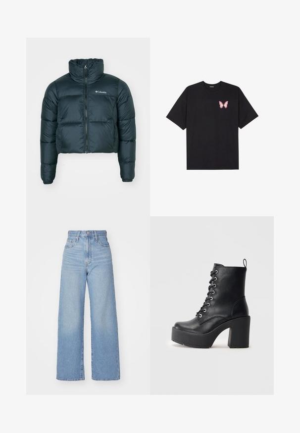 Tume roheline lühike puhv jacket kõrge kraega, täispikk tõmblukk ja elastsed mansetid. Omab logo vasakul rindkerel ja tikitud tekstuuri.; Must muströöpidega must puuvillane T-särk, vasakul rinnal on väike roosa liblikas. Ümar kaelus ja vabalt istuv lõige.; Heledad sinine kõrge vöökohaga laiad teksad, ees nupp ja tõmblukk, ees ja taga taskud, valge tausta peal.; Must mustaankelisaapad, millel on paks plokkkonts, paeltega esiosa ja tekstuurpind. Tagaküljel on lihtsaks jalga panemiseks silmus.