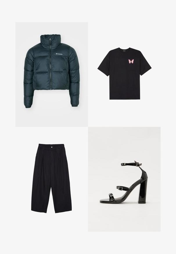 Tamnozelena, skraćena pufferska jakna s visokim ovratnikom, punim zatvaračem i elastičnim manžetama. Sadrži logo na lijevoj strani prsnog koša i unikatnu teksturu.; Crna pamučna majica s kratkim rukavima, s malim grafičkim prikazom ružičaste vjetricaste s desne strane na prsima. Dizajn s okruglim izrezom i opuštenim krojem.; Crne poliester hlače culotte s elastičnim pojasom, dva prednja nabora i širokim krojem. Nema vidljivih uzoraka ili metalnih detalja.; Crne lakirane sandale na pete sa kvadratnim nosom, trakama oko gležnja i srebrnim kopčama. Imaju čvrst blok petu za stabilnost.
