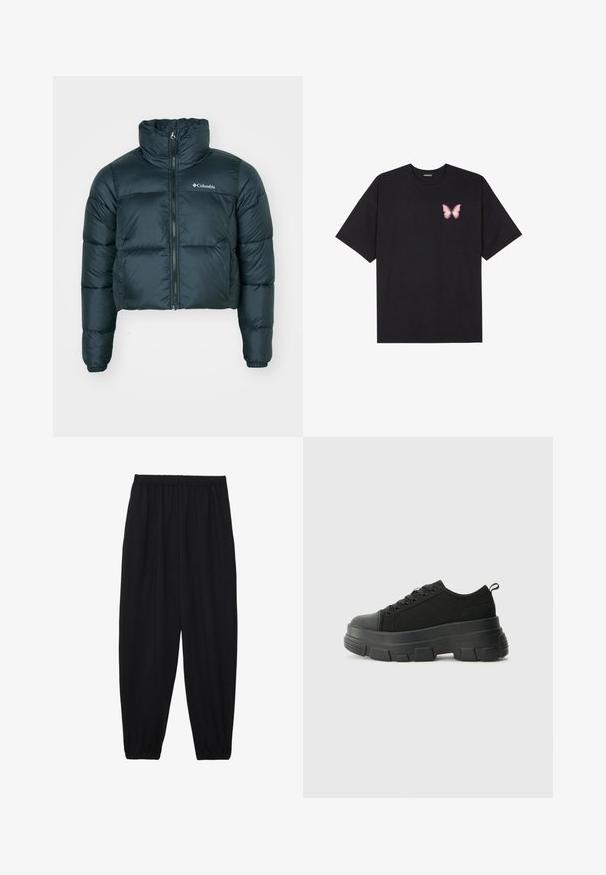 Tamsiai žalia, trumpa pūkinė striukė su aukštu apykakle, pilnu užtrauktuku ir elastingomis rankovėmis. Kairėje krūtinės pusėje yra logotipas ir siuvinėta tekstūra.; Juodas medvilnės marškinėliai trumpomis rankovėmis, su maža rožine drugelio grafika kairėje krūtinės pusėje. Apvalus kaklo iškirpimas, laisvas kirpimas.; Juodi, lengvi kelnių su elastinga juosmens juosta ir surinktais kulkšniais. Audinys yra lygus ir turi atsipalaidavusį, siaurėjantį dizainą.; Juodos sportinės bateliai su stambiu guminiais padu, tekstūrizuotu audinio viršumi, apvaliu pirštu ir raištelių uždarymu. Yra sutvirtinti akių angos ir nugaros kilputė.