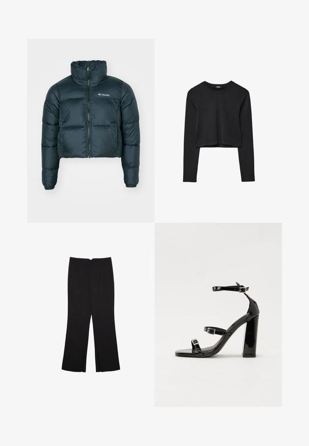 Dunkelgrüne, kurze Steppjacke mit hohem Kragen, durchgehendem Reißverschluss und elastischen Bündchen. Verfügt über ein Logo auf der linken Brust und eine gesteppten Struktur.; Schwarzes, langärmliges, kurz geschnittenes Oberteil mit Rundhalsausschnitt, schlichter Gestaltung und leicht abgerundetem Saum.; Schwarze Hose mit geradem Schnitt, ausgestattet mit Fronttaschen und Seitenschlitzen am Saum. Hergestellt aus weichem, glattem Stoff. Geeignet für verschiedene Anlässe.; Schwarze Lackleder-Sandalen mit hohen Absätzen, zwei Riemen mit Schnallen, quadratischer Zehenpartie und klobigem Blockabsatz, mit einer glatten, glänzenden Textur.